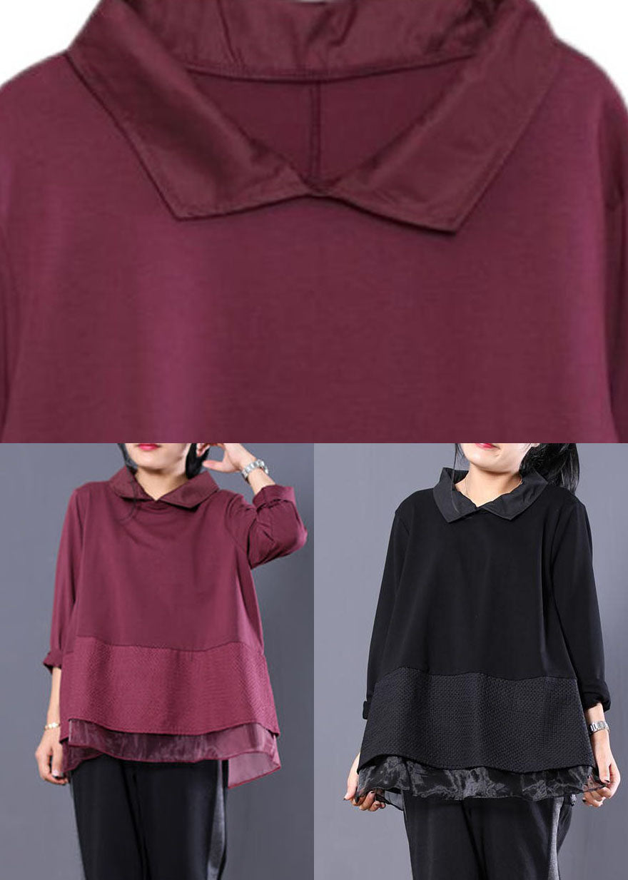 Loose Black Peter Pan Collar Fake Two Pieces Sweatshirt Long Sleeve