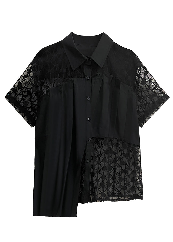 Loose Black Peter Pan Collar Hollow Out Lace Patchwork Shirts Summer