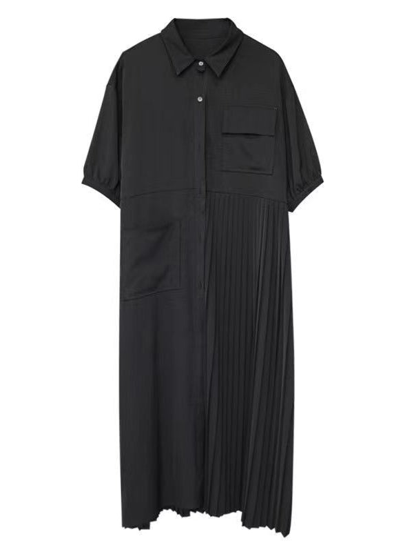 Loose Black Peter Pan Collar Patchwork Button Long Pleated Dresses Short Sleeve