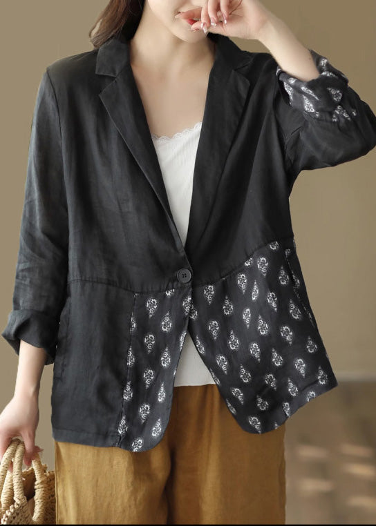 Loose Black Peter Pan Collar Patchwork Print Ramie Coats Spring