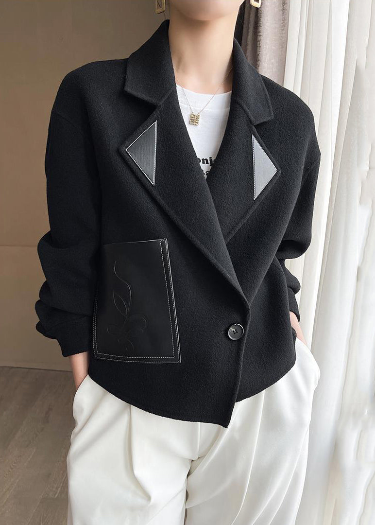 Loose Black Peter Pan Collar Patchwork Woolen Coats Fall