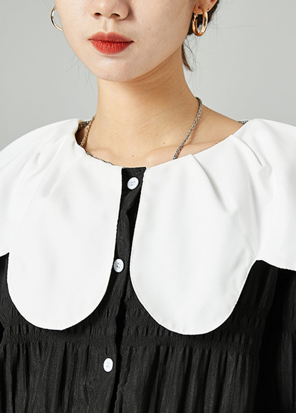 Loose Black Peter Pan Collar Patchwork Wrinkled Silk Shirt Top Spring