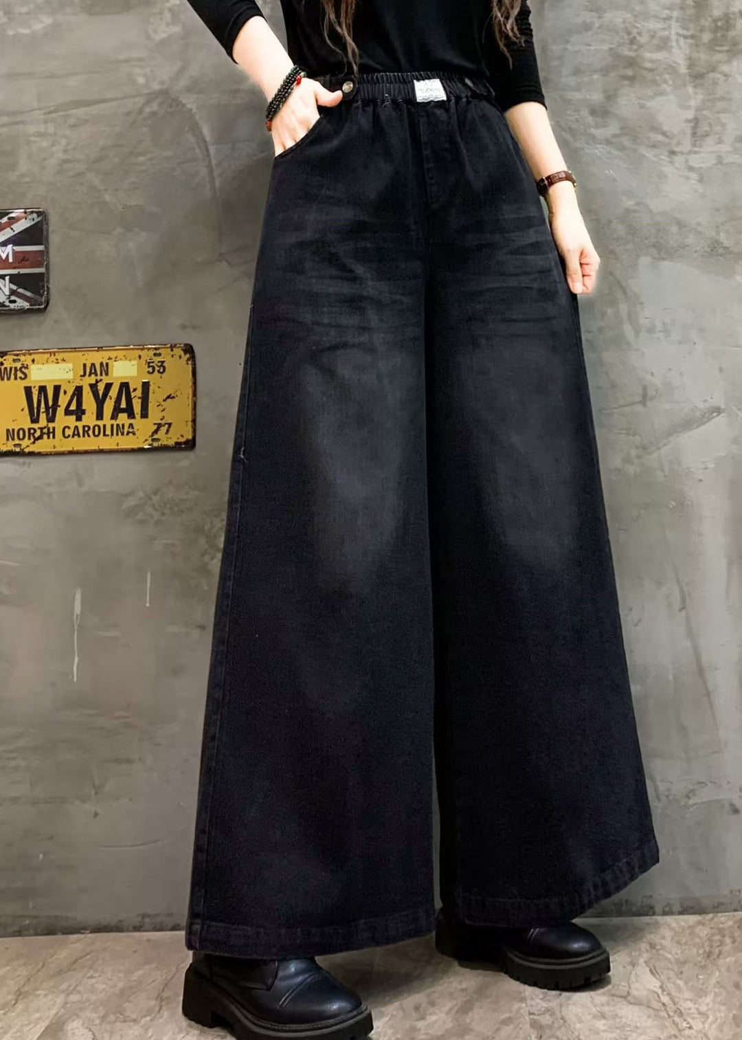 Loose Black Pockets Elastic Waist Denim Wide Leg Pants Fall