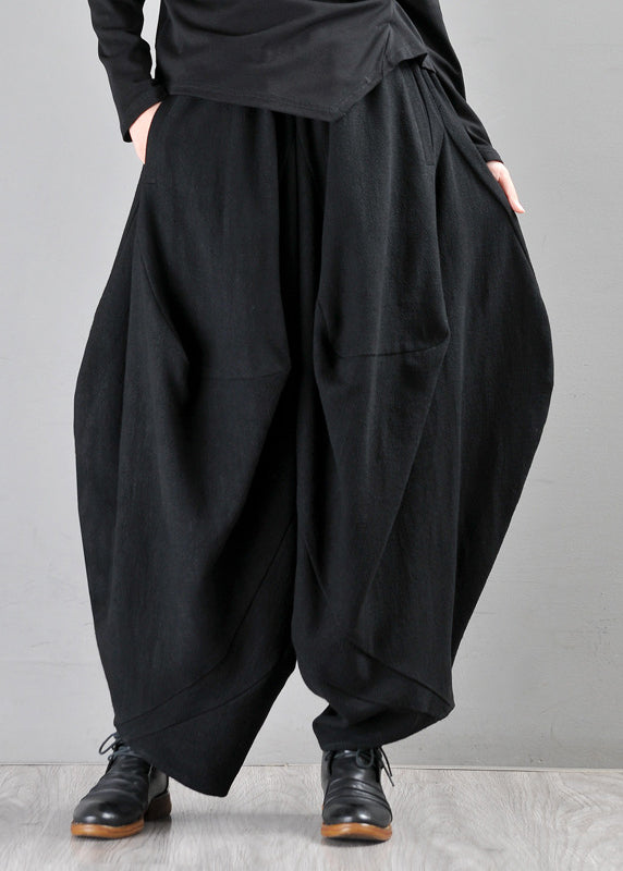 Loose Black Pockets Elastic Waist Wide Leg Pants Fall