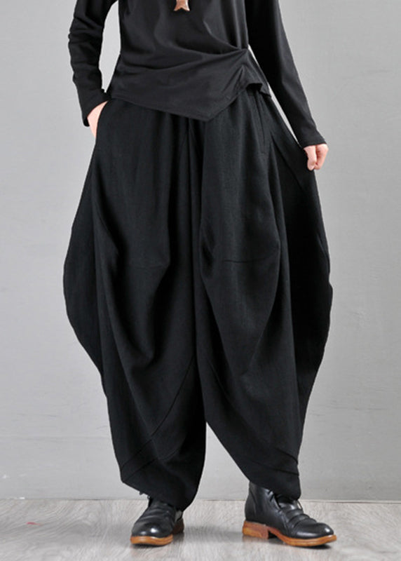 Loose Black Pockets Elastic Waist Wide Leg Pants Fall