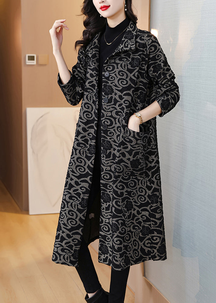 Loose Black Pockets Jacquard Cotton Trench Spring