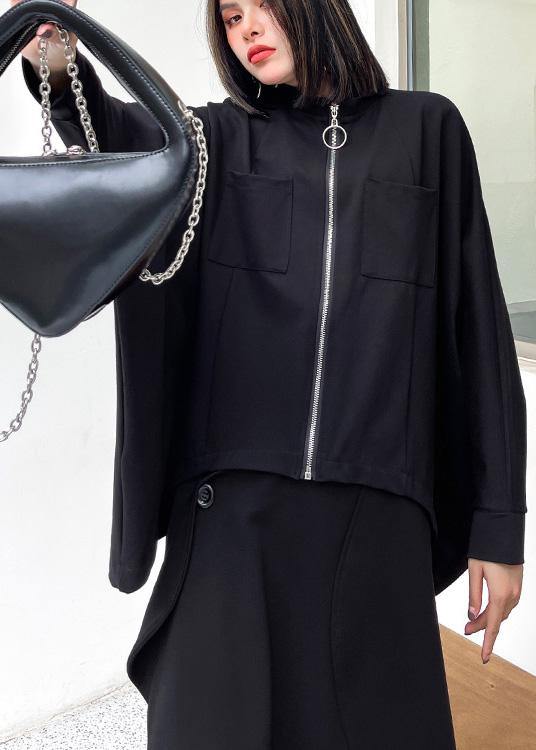 Loose Black Pockets Zippered Jackets Spring - Omychic