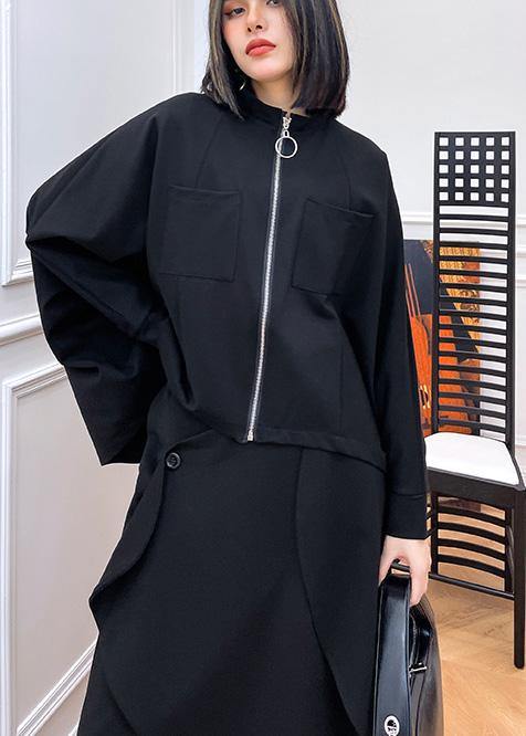 Loose Black Pockets Zippered Jackets Spring - Omychic