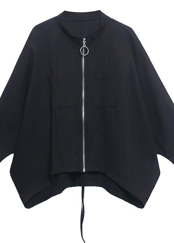 Loose Black Pockets Zippered Jackets Spring - Omychic