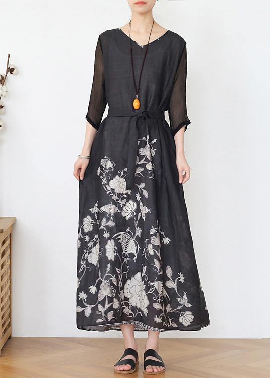 Loose Black Print Linen V Necktie waist Summer Holiday Dress - Omychic