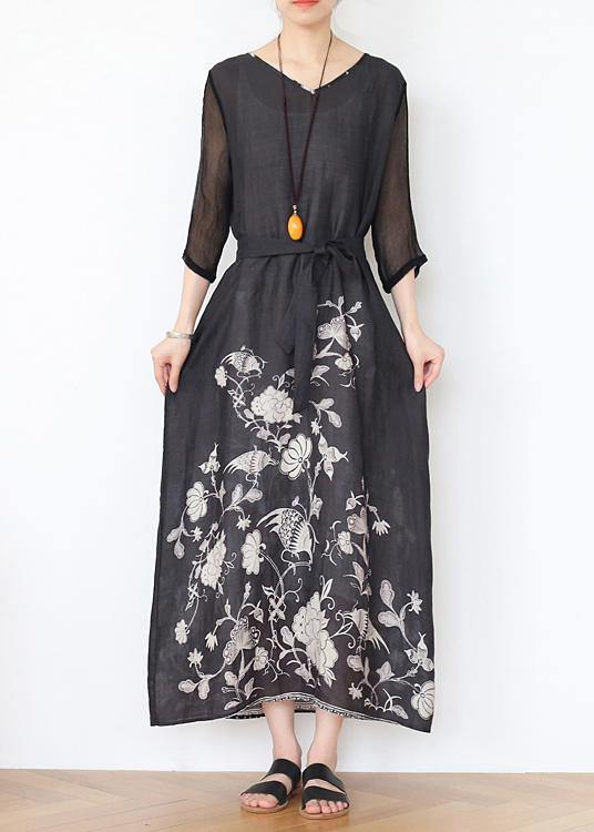 Loose Black Print Linen V Necktie waist Summer Holiday Dress - Omychic