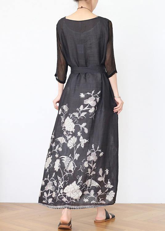 Loose Black Print Linen V Necktie waist Summer Holiday Dress - Omychic