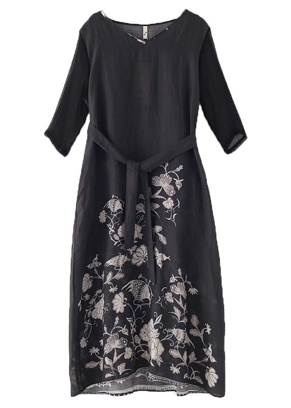 Loose Black Print Linen V Necktie waist Summer Holiday Dress - Omychic