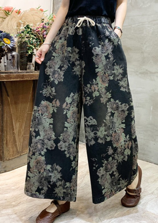 Loose Black Print Pockets Elastic Waist Wide Leg Pants Spring