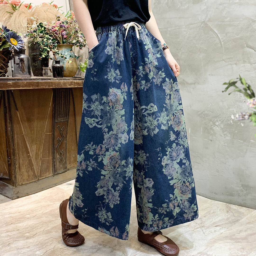 Loose Black Print Pockets Elastic Waist Wide Leg Pants Spring