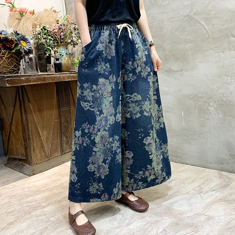 Loose Black Print Pockets Elastic Waist Wide Leg Pants Spring