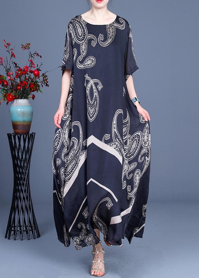 Loose Black Print Short Sleeve Silk Ankle Dress Summer - Omychic