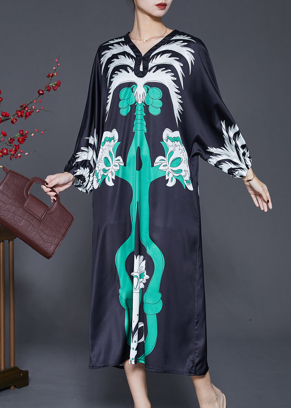 Loose Black Print Side Open Silk Long Dress Spring