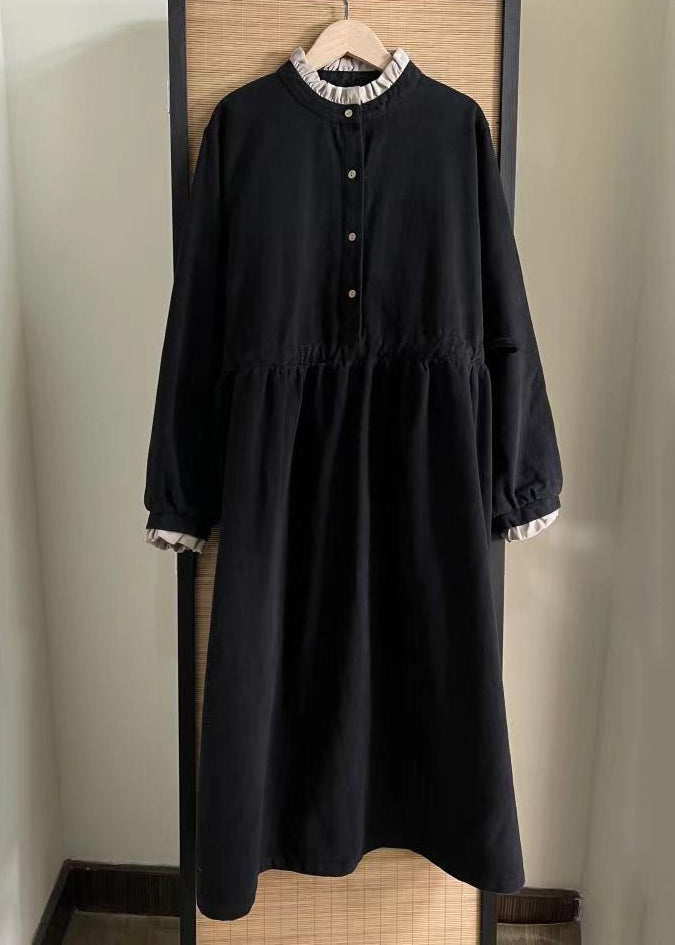 Loose Black Ruffled Button Cotton Long Dress Spring