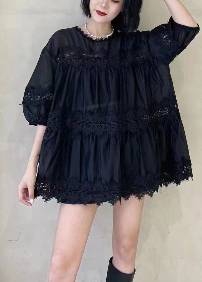 Loose Black Ruffled Lace Patchwork Silk Cotton Top Fall