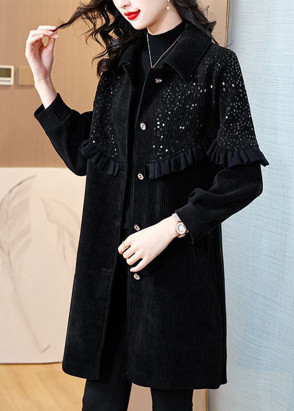 Loose Black Ruffled Sequins Patchwork Thick Coats Spring