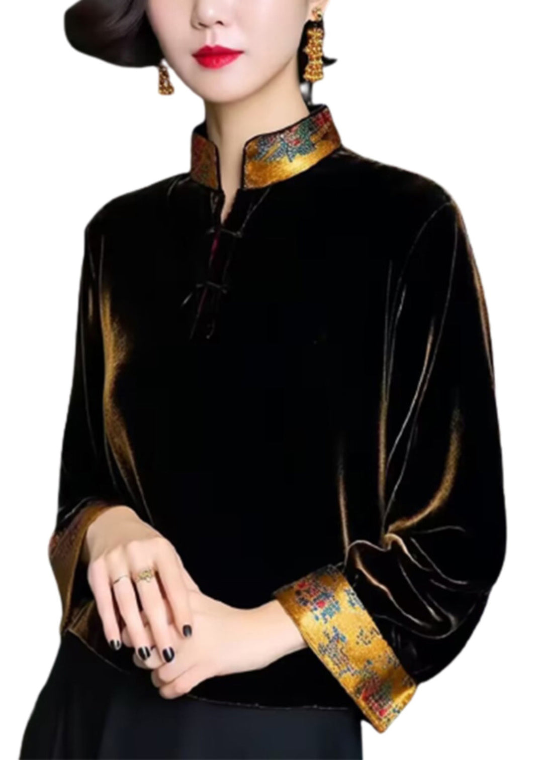 Loose Black Stand Collar Button Silk Velour Top Long Sleeve