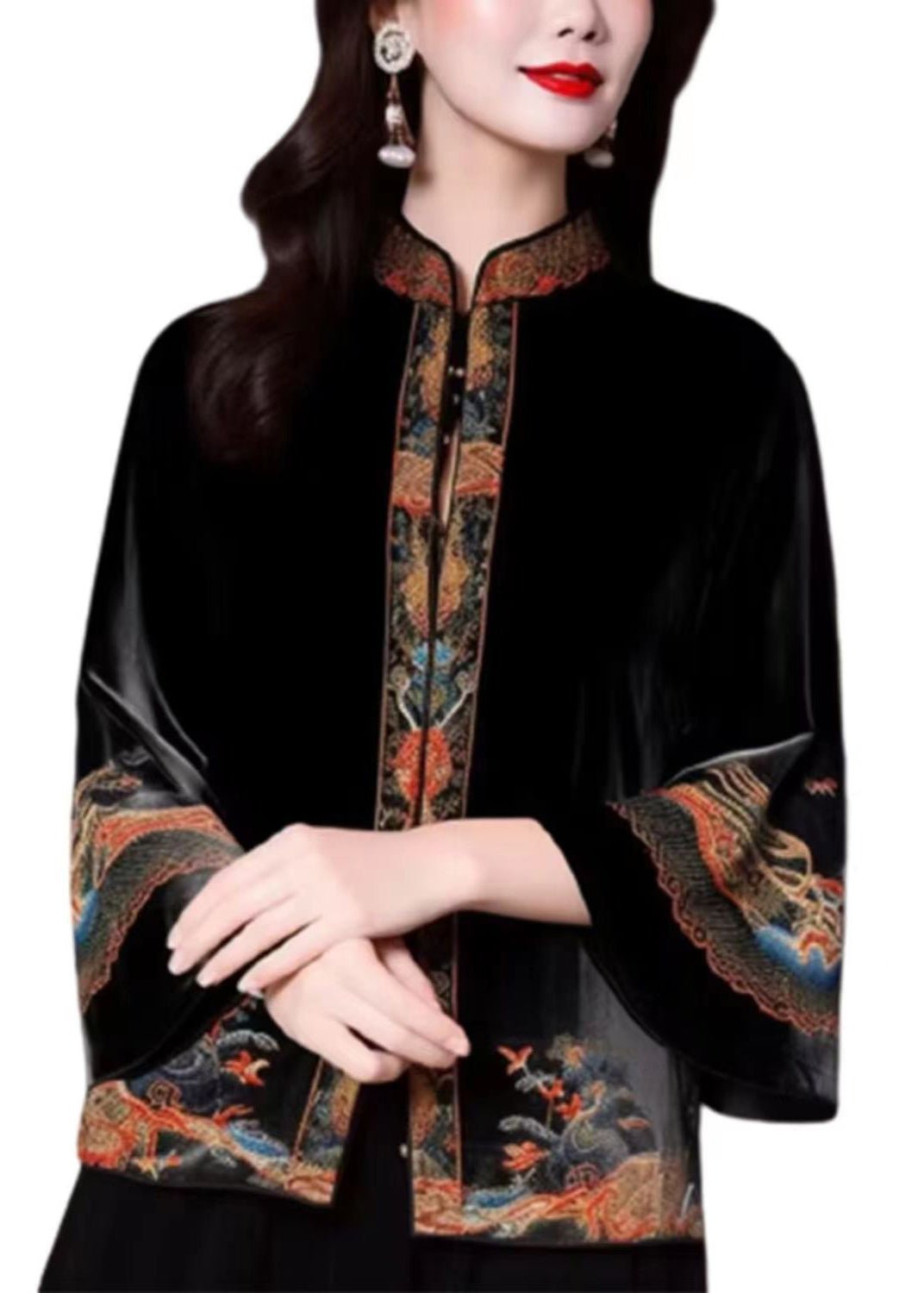 Loose Black Stand Collar Embroideried Silk Velour Coats Flare Sleeve