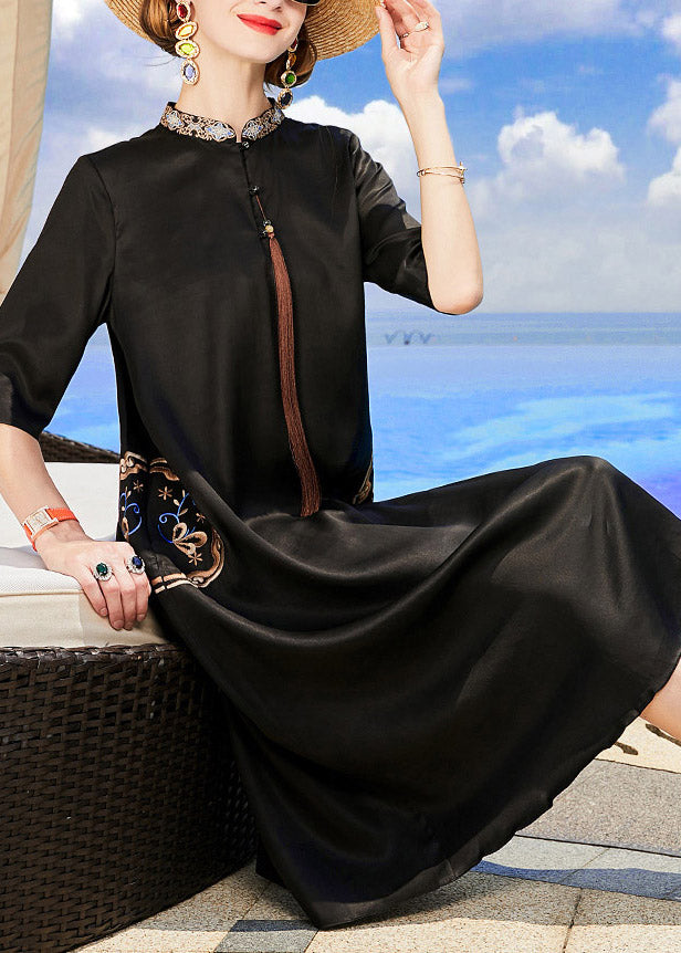Loose Black Stand Collar Embroideried Tassel Button Silk Maxi Dresses Long Sleeve
