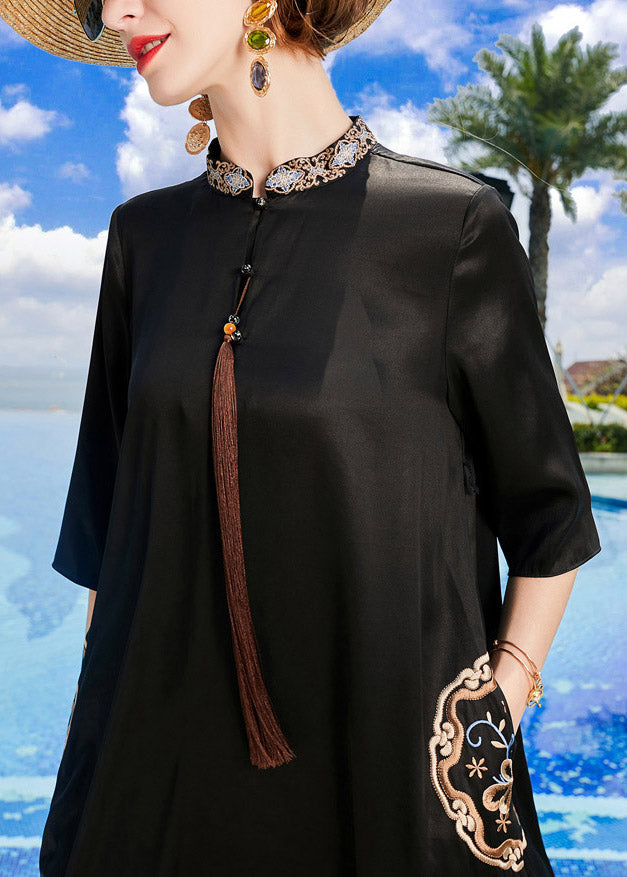 Loose Black Stand Collar Embroideried Tassel Button Silk Maxi Dresses Long Sleeve