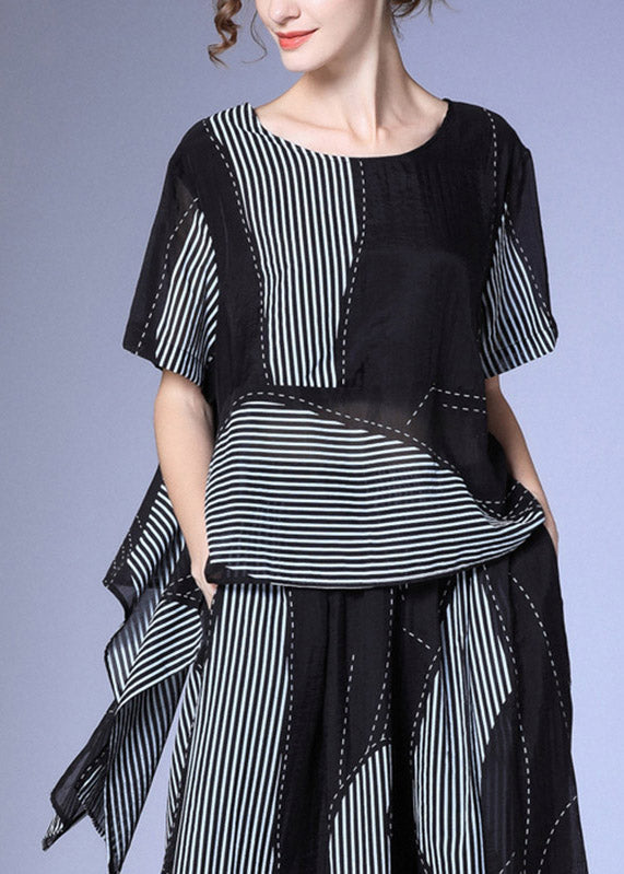 Loose Black Striped Patchwork Silk Tops Short Sleeve