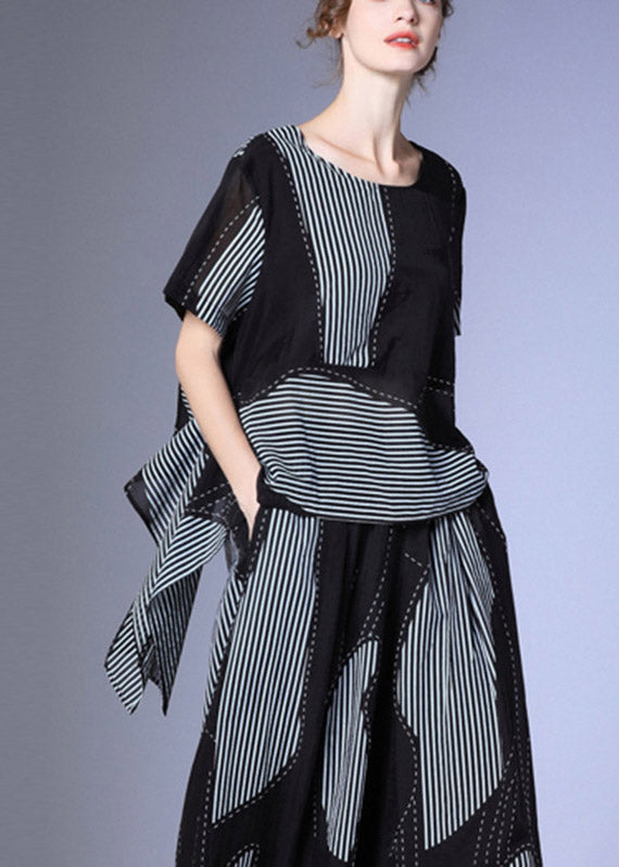 Loose Black Striped Patchwork Silk Tops Short Sleeve