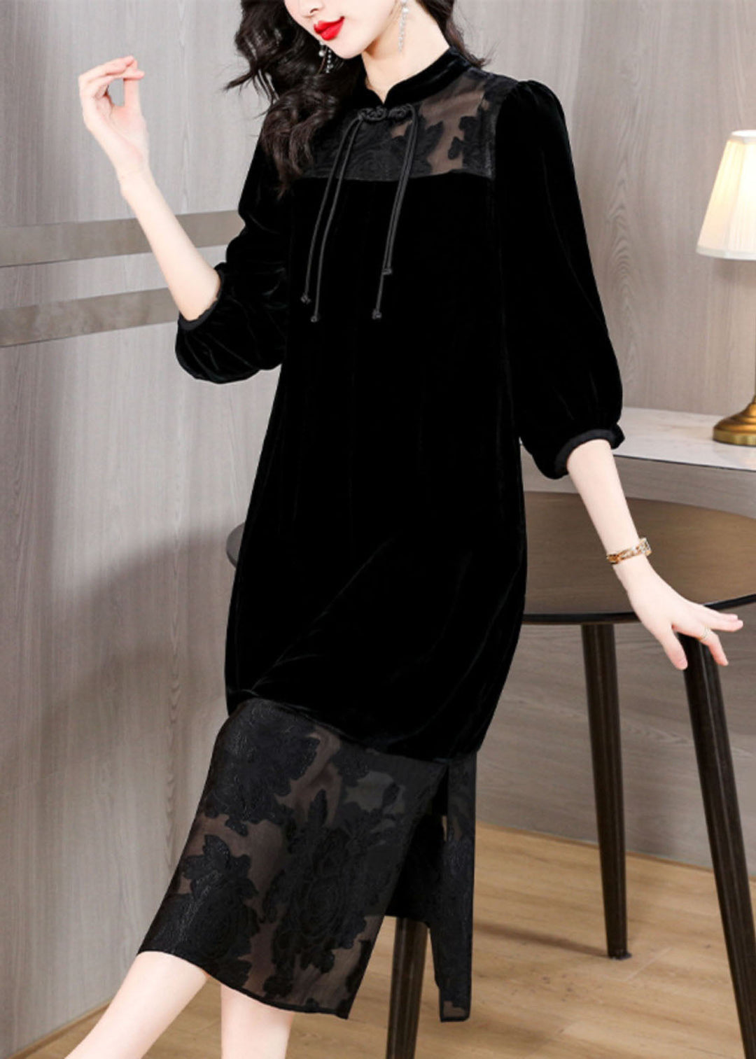 Loose Black Tulle Patchwork Side Open Silk Velour Dress Bracelet Sleeve