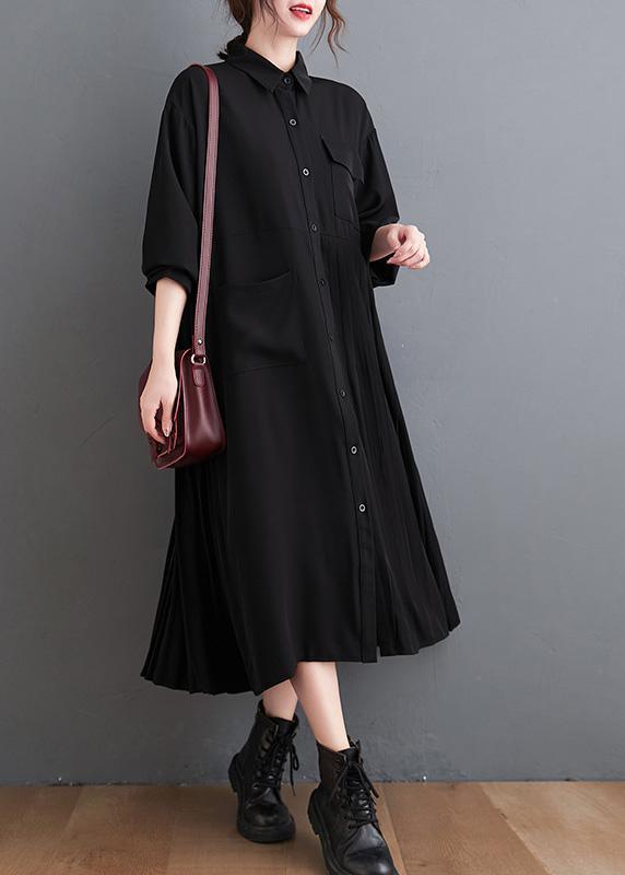 Loose Black Tunic Dress Lapel large hem Kaftan Spring Dress - Omychic