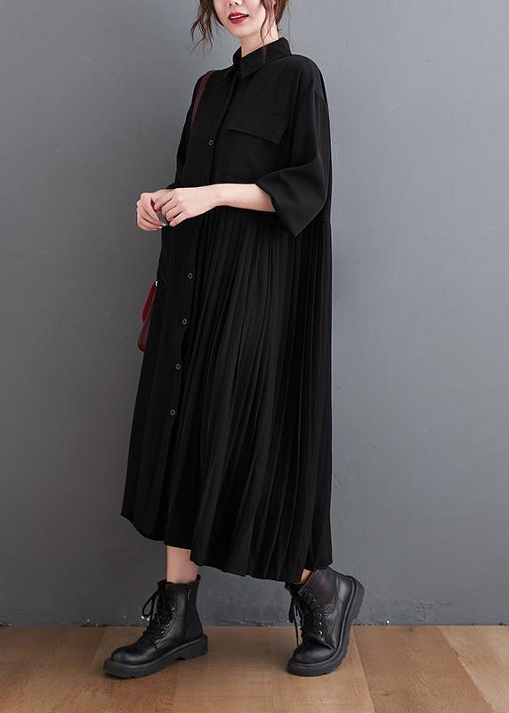 Loose Black Tunic Dress Lapel large hem Kaftan Spring Dress - Omychic