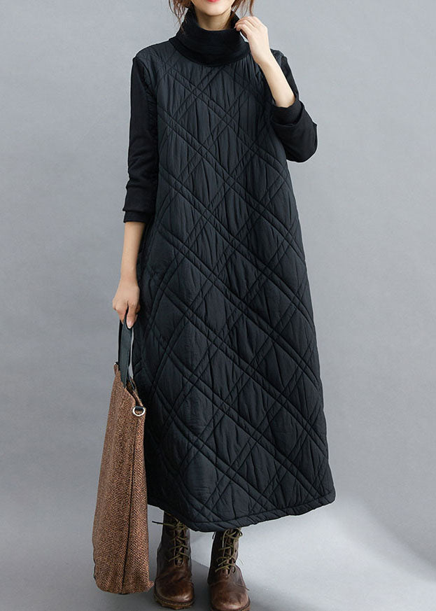 Loose Black Turtle Neck Fine Cotton Filled Ankle Dress Winter