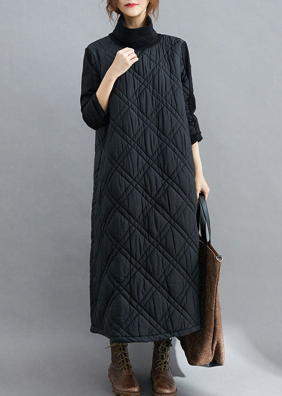 Loose Black Turtle Neck Fine Cotton Filled Ankle Dress Winter