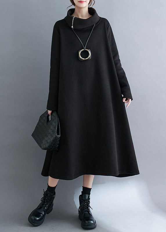 Loose Black Turtleneck Fleece Dress Long Dresses Long Sleeve