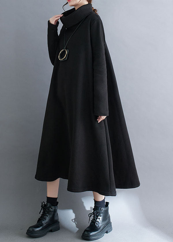 Loose Black Turtleneck Fleece Dress Long Dresses Long Sleeve
