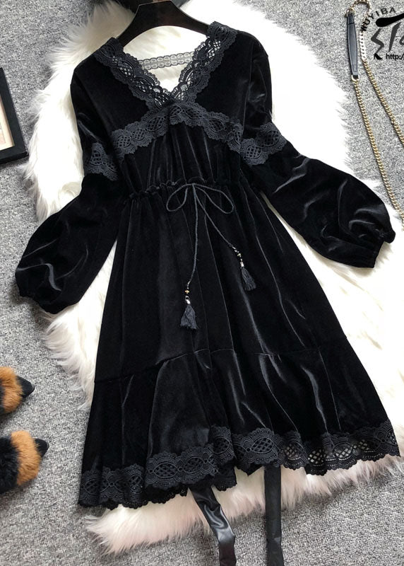 Loose Black V Neck Cinched Patchwork Velour Dress Winter