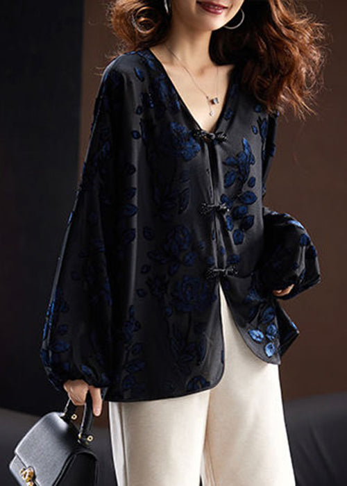 Loose Black V Neck Embroideried Button Velour Top Long Sleeve