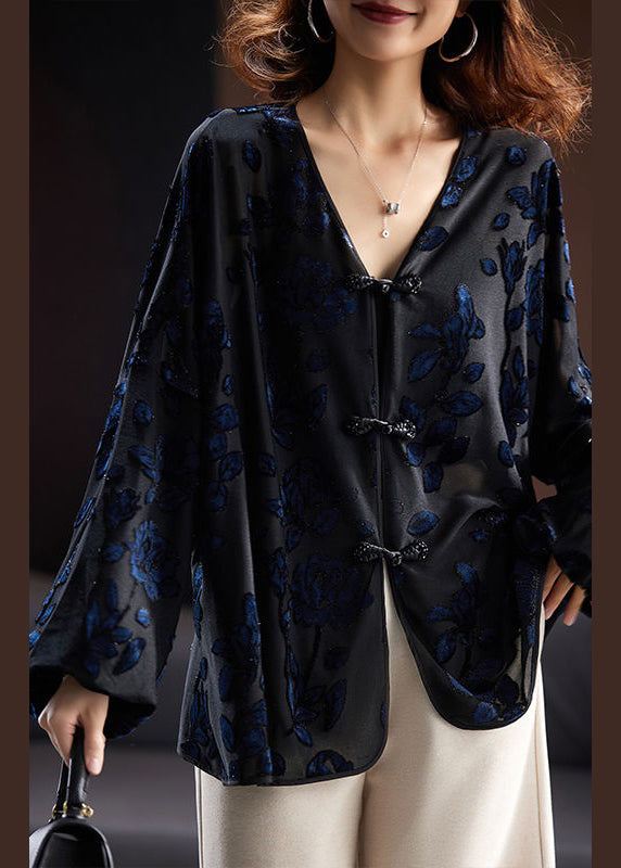 Loose Black V Neck Embroideried Button Velour Top Long Sleeve