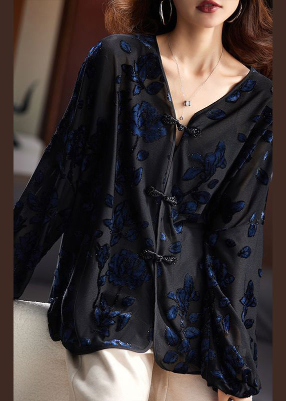 Loose Black V Neck Embroideried Button Velour Top Long Sleeve