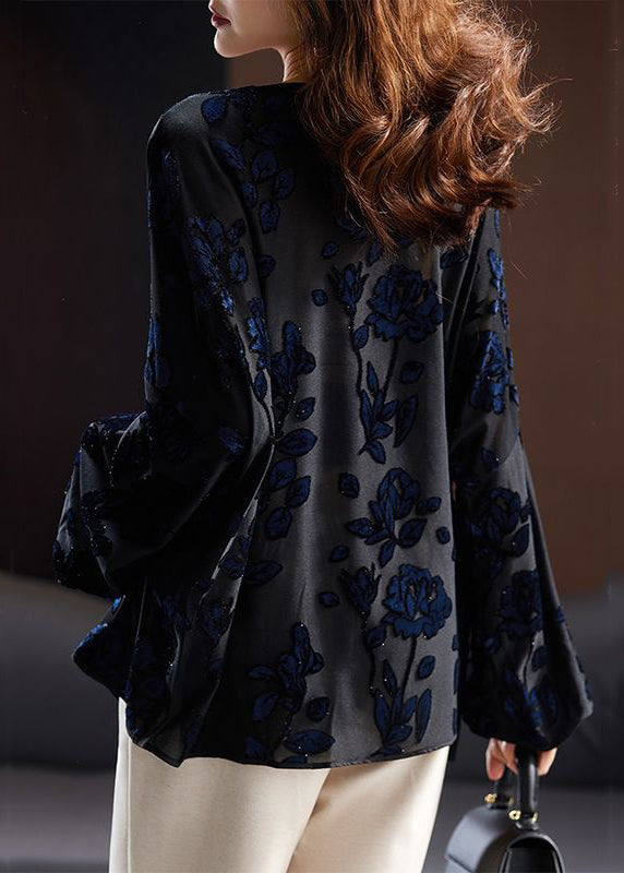 Loose Black V Neck Embroideried Button Velour Top Long Sleeve