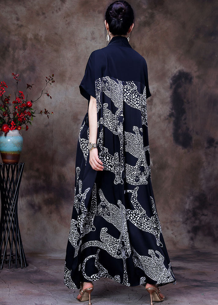 Loose Black V Neck Patchwork Print Silk Vacation Long Dress Short Sleeve