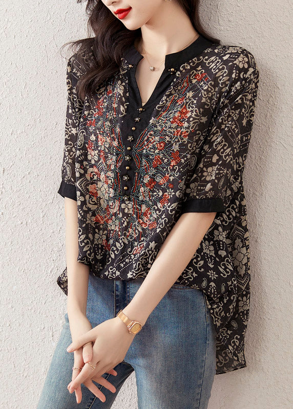 Loose Black V Neck Print Chiffon Top Short Sleeve