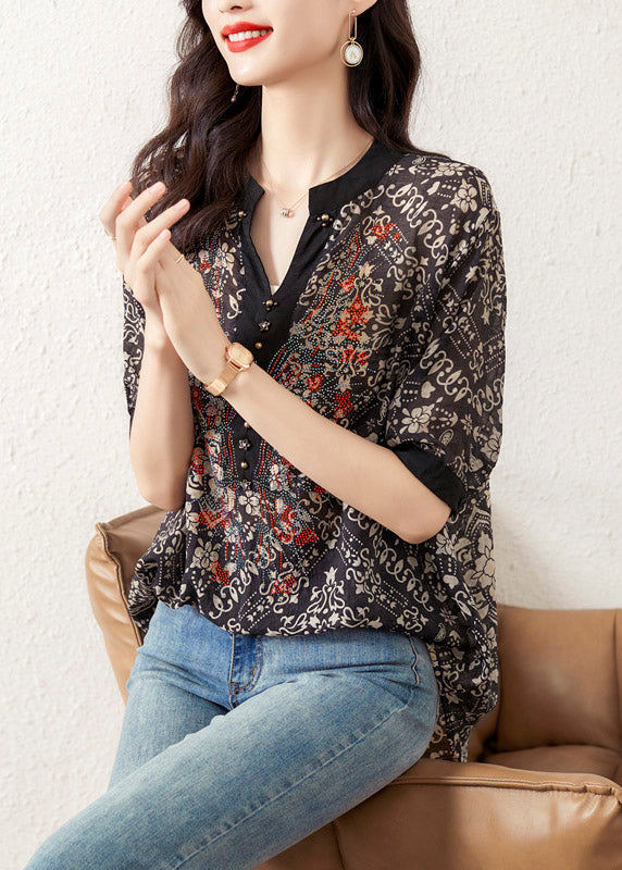 Loose Black V Neck Print Chiffon Top Short Sleeve