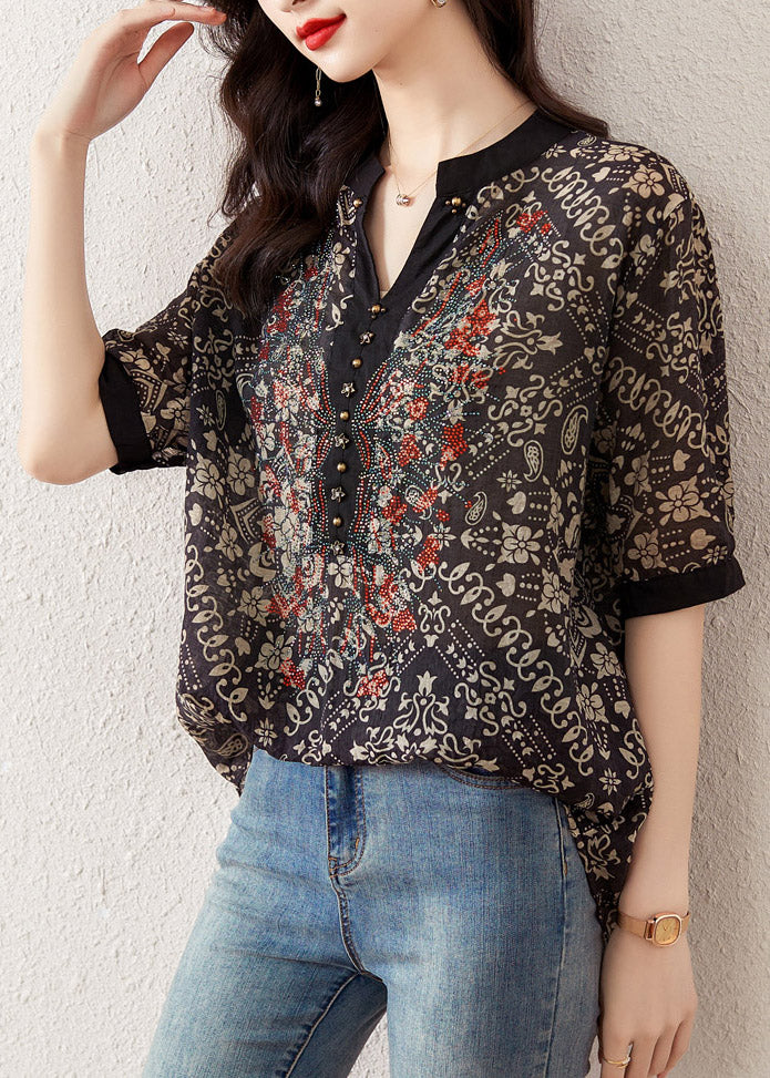 Loose Black V Neck Print Chiffon Top Short Sleeve