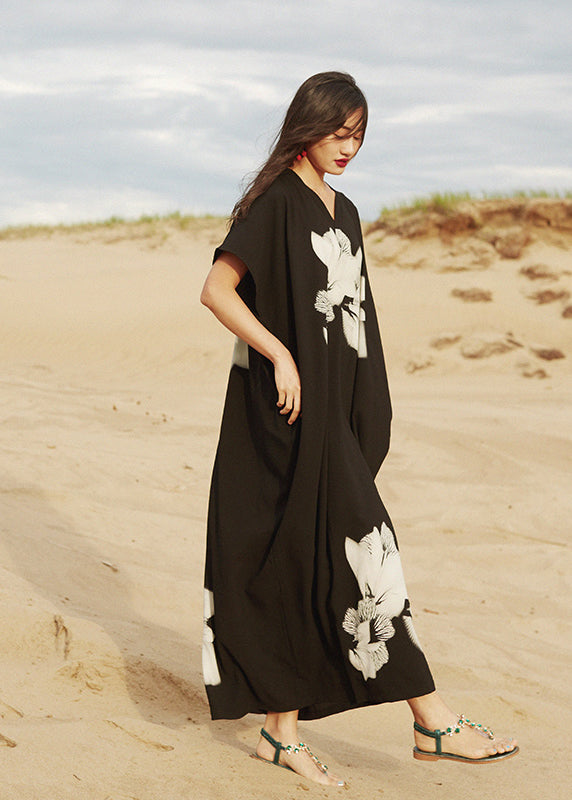 Loose Black V Neck Print Cotton Vacation Long Dresses Summer