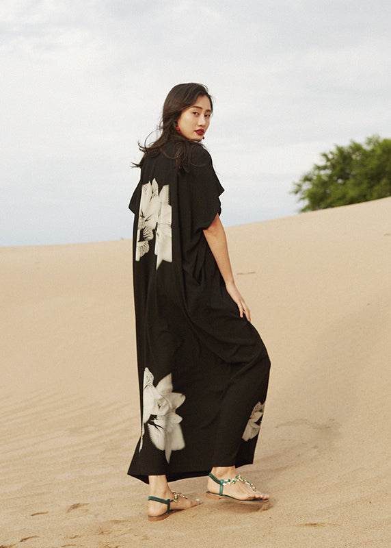 Loose Black V Neck Print Cotton Vacation Long Dresses Summer