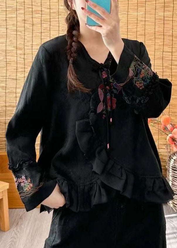Loose Black V Neck Ruffled Embroideried Floral Button Shirt Long Sleeve